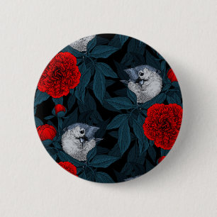 Chapa Redonda De 5 Cm Aves y flores de peón rojo con hojas azules