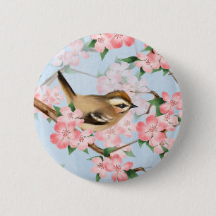 Chapa Redonda De 5 Cm Aves y flores. Patrón de jardín de primavera
