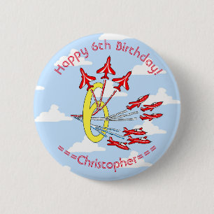 Chapa Redonda De 5 Cm Aviones de reacción rojos cumpleaños 6 cielo azul