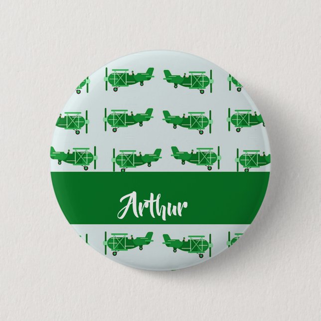 Chapa Redonda De 5 Cm Aviones voladores verdes sobre azul (Anverso)