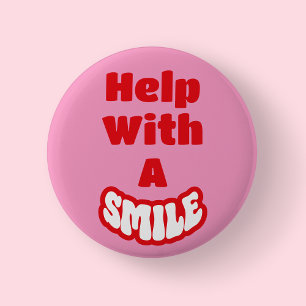 Chapa Redonda De 5 Cm Ayuda Con Una Insignia Rosada De Texto Rojo Y Blan