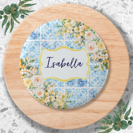 Chapa Redonda De 5 Cm Azulejos Mediterráneos Azules Flor Limón Personali