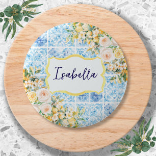 Chapa Redonda De 5 Cm Azulejos Mediterráneos Azules Flor Limón Personali
