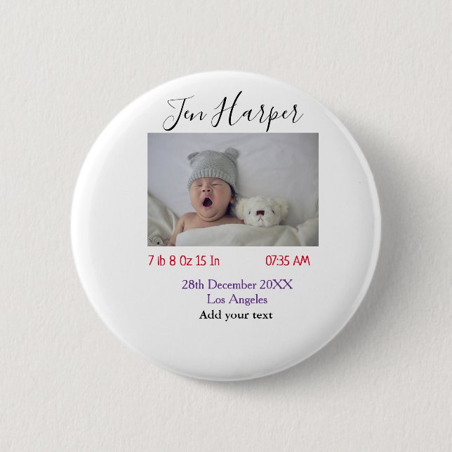 Chapa Redonda De 5 Cm Baby birth stats add name place date keepsake memo (Anverso)