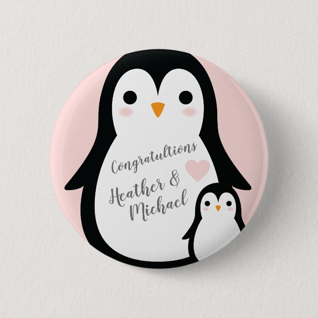 Chapa Redonda De 5 Cm Baby Shower Pink Penguin (Anverso)