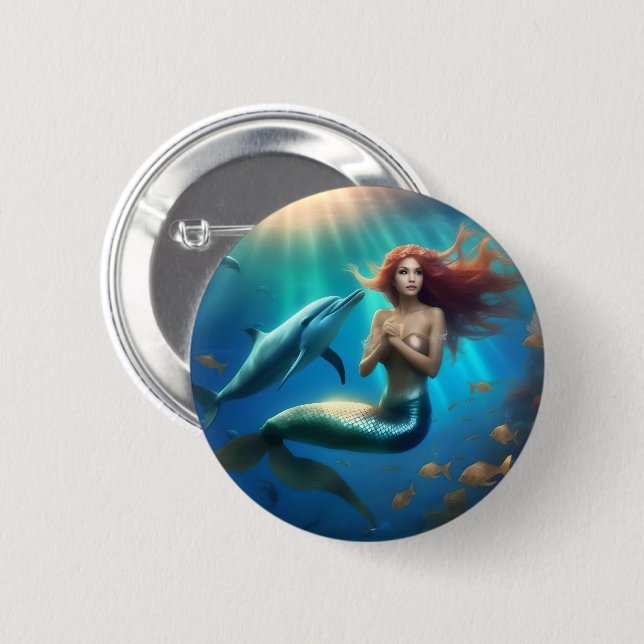 Chapa Redonda De 5 Cm "Baile oceánico: Sirena y viaje de delfines" (Anverso y reverso)