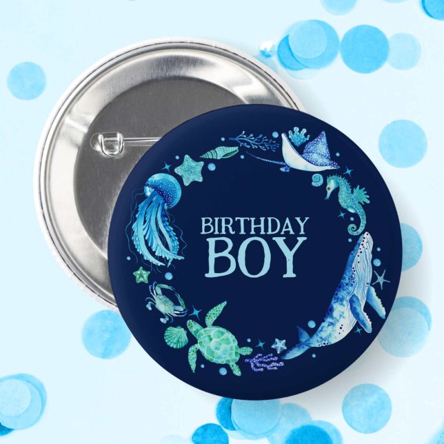 Chapa Redonda De 5 Cm Bajo la marina de guerra de ballenas (Under the Sea Birthday Boy Whale Navy Button)