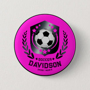 Chapa Redonda De 5 Cm Balón de Fútbol Negro Rosa con Texto de Nombre Per