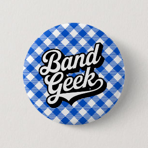 Chapa Redonda De 5 Cm Banda de Música Retro Azul Real Gingham Geek