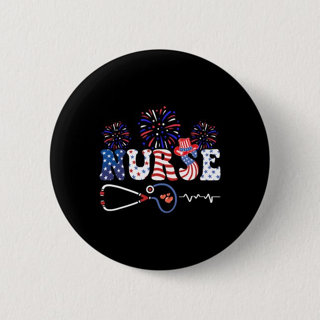 Chapa Redonda De 5 Cm Bandera Estadounidense Enfermera Patriótica Stetho (Anverso)