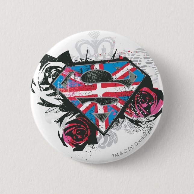 Chapa Redonda De 5 Cm Bandera y Rosas británicos superchica (Anverso)