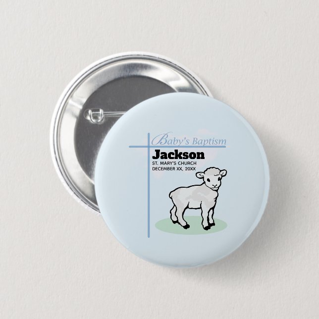 Chapa Redonda De 5 Cm Baptism Blue Boy Lamb, Personalizable (Anverso y reverso)