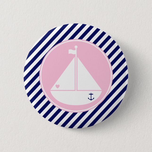 Chapa Redonda De 5 Cm Barco de vela azul y rosa (Anverso)