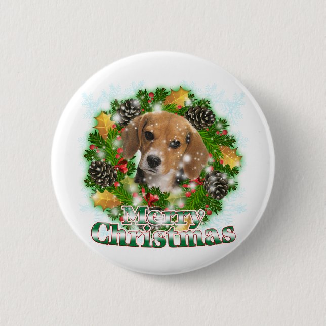 Chapa Redonda De 5 Cm Beagle de las Felices Navidad (Anverso)