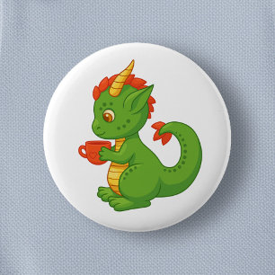 Chapa Redonda De 5 Cm Bebé Dragón Lindo Sosteniendo Taza