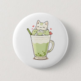 Chapa Redonda De 5 Cm Bebida de Matcha con Boba de Gato Adorable Diseño 