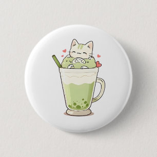 Chapa Redonda De 5 Cm Bebida de Matcha con Boba de Gato Adorable Diseño