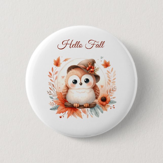 Chapa Redonda De 5 Cm Bechuza de otoño sentada en una rama (Anverso)