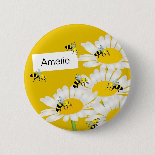 Chapa Redonda De 5 Cm Bee on Flower Round Button - Fondo amarillo (Anverso)