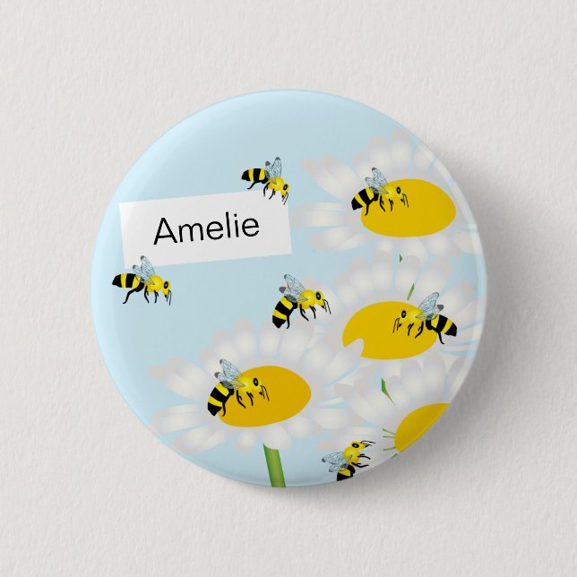 Chapa Redonda De 5 Cm Bee on Flower Round Button - Fondo azul (Anverso)