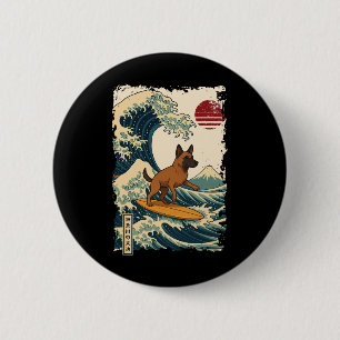 Chapa Redonda De 5 Cm Belgian Malinois Surfing Ola Japonesa de Kanagawa 