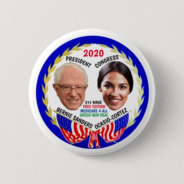 Chapa Redonda De 5 Cm Bernie Sanders / AOC 2020 (Anverso)