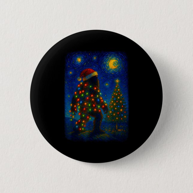 Chapa Redonda De 5 Cm Bigfoot Christmas Sasquatch Santa Hat Starry Night (Anverso)