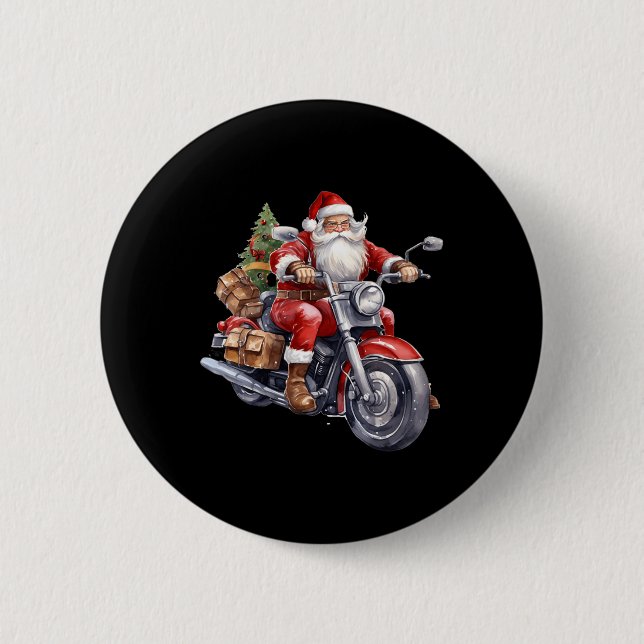 Chapa Redonda De 5 Cm Biker Santa Claus En Motocicleta Divertidos Navida (Anverso)