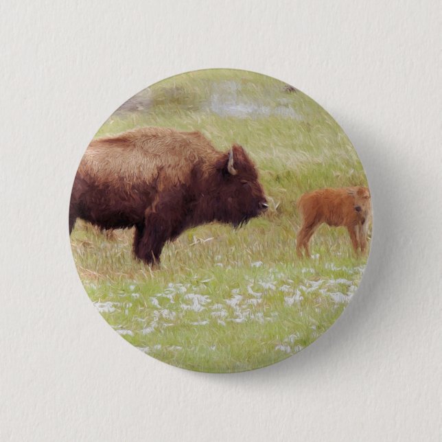 Chapa Redonda De 5 Cm Bison y Calf en Yellowstone (Anverso)