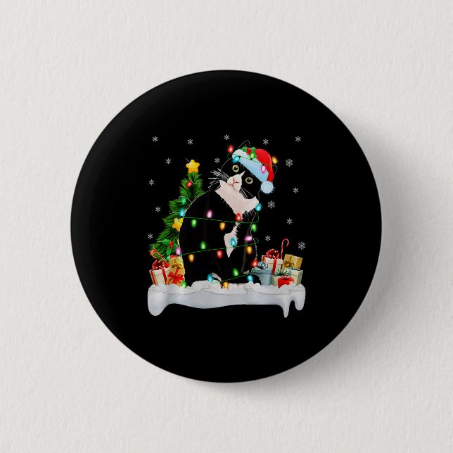 Chapa Redonda De 5 Cm Black Cat Christmas Lights Santa Hat Black Cat Lov (Anverso)