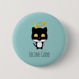 Chapa Redonda De 5 Cm Black Cat Gracioso Pun Con Halo - Feline Good