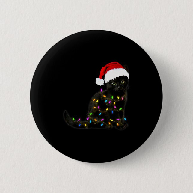 Chapa Redonda De 5 Cm Black Cat With Christmas Light Funny Cat Lover Chr (Anverso)