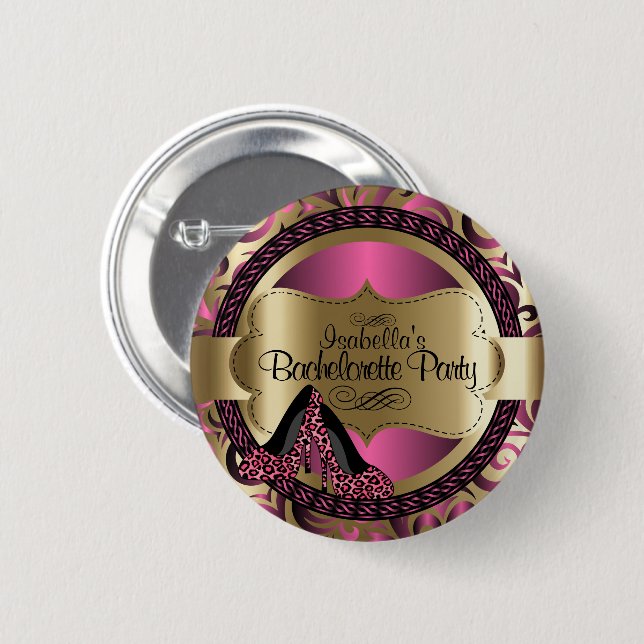 Chapa Redonda De 5 Cm Black, Pink & Gold Metallic - Bachelorette Party B (Anverso y reverso)