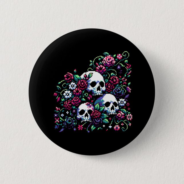 Chapa Redonda De 5 Cm Bloom gótico - Mítico Skull Pixel Art (Anverso)