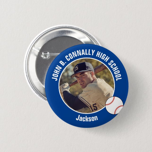 Chapa Redonda De 5 Cm Blue Baseball Player Photo High School Spirit (Anverso y reverso)