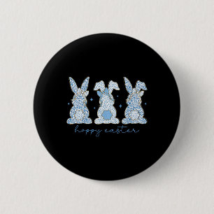 Chapa Redonda De 5 Cm Blue Floral Chinoiserie Happy Easter Three Bunny C