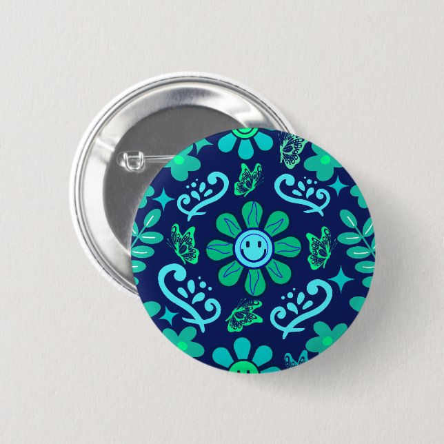 Chapa Redonda De 5 Cm Blue Retro Style Floral and Sun Symbol Pattern (Anverso y reverso)
