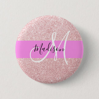 Chapa Redonda De 5 Cm Blush Rosa Glitter Monograma Brillante de Oro Rosa