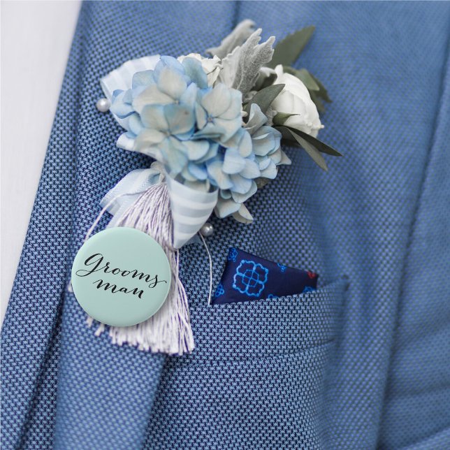 Chapa Redonda De 5 Cm Boda de guión clásico groomman Bacheler Party ('Groomsman' Classic Script Calligraphy Wedding Rehearsal Pin Button @ fatfatin_blue_knot)