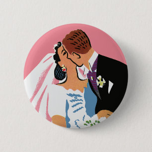 Chapa Redonda De 5 Cm Boda Vintage, Novia Retro y Novio Besándose