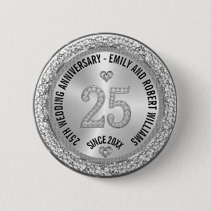 Chapa Redonda De 5 Cm Bodas de plata 25 Aniversario con Diamantes Blanco