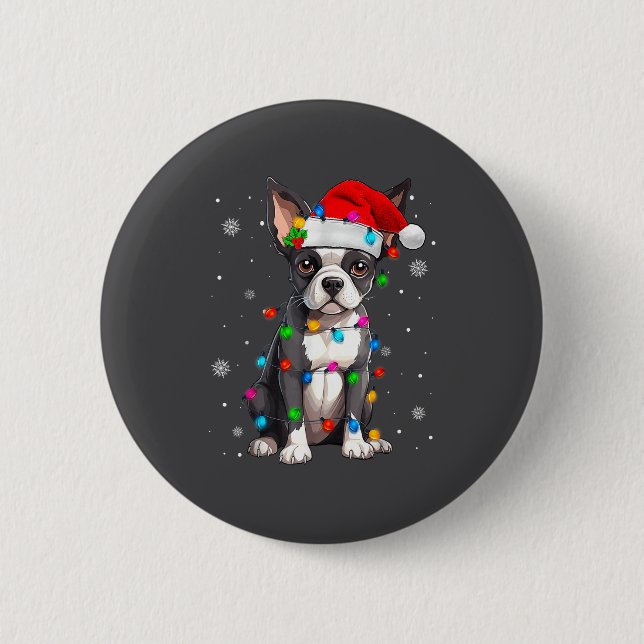Chapa Redonda De 5 Cm Boston Terrier Christmas Santa Hat  (Anverso)