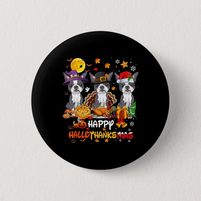 Chapa Redonda De 5 Cm Boston Terrier Dog Happy Halloween Acción de Graci (Anverso)