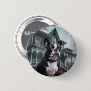 Chapa Redonda De 5 Cm Boston Terrier Halloween Aterrador