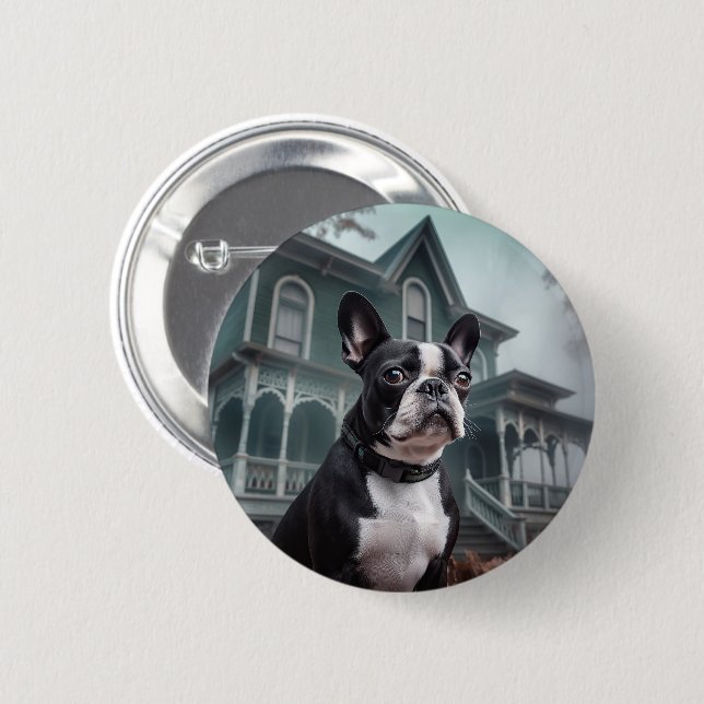 Chapa Redonda De 5 Cm Boston Terrier Halloween Aterrador (Anverso y reverso)