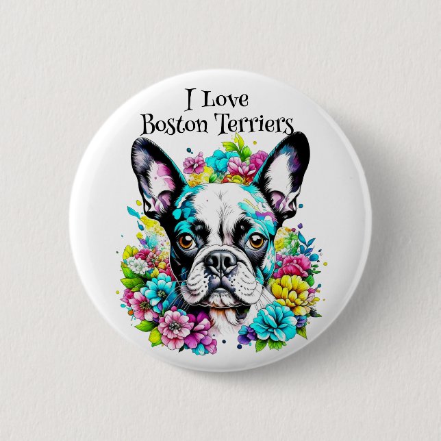 Chapa Redonda De 5 Cm Boston Terrier y Flores (Anverso)