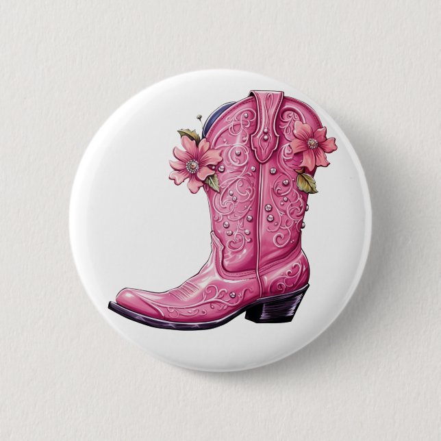 Chapa Redonda De 5 Cm Bote de Cowgirl Rosa caliente (Anverso)