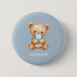Chapa Redonda De 5 Cm Botones Teddy Bear con nombre personalizado azul