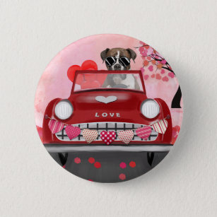 Chapa Redonda De 5 Cm Boxer Dog Driving Car con Corazones Valentine
