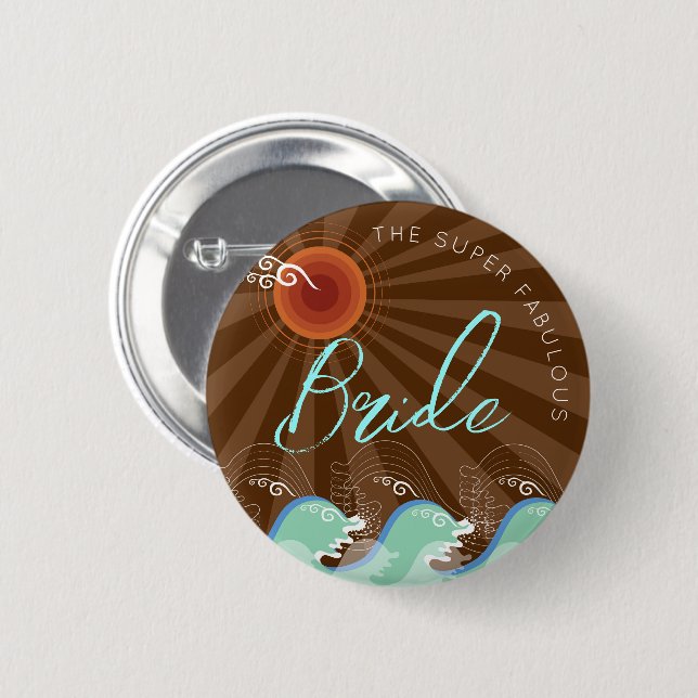 Chapa Redonda De 5 Cm BRIDE Guay Waves y Brown Sun Moda Beach Wedding (Anverso y reverso)